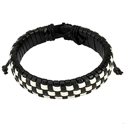 Paula & Fritz® Armband Leder Herren Frauen Schwarz Weiß Kariert Geflochten Lederband Lederarm-Band Männer Biker Lederbänder Schmuck verstellbare Länge von Paula & Fritz