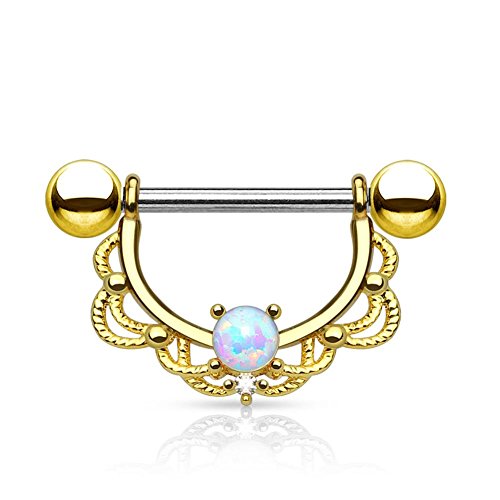 Paula & Fritz® Brustwarzen-Piercing Brustpiercing Frau Maenner Intimpiercing Mann Nippelpiercing Edelstahl Chirurgenstahl 316L Filigraner Bogen Opal Silber, Gelbgold, Roségold K11003-14_GD von Paula & Fritz