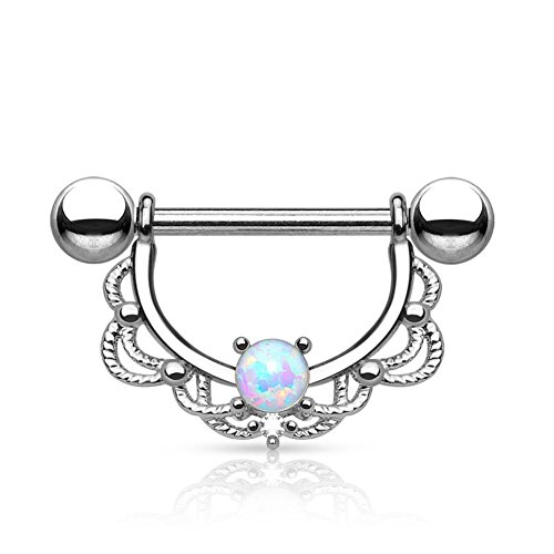 Paula & Fritz® Brustwarzen-Piercing Brustpiercing Frau Maenner Intimpiercing Mann Nippelpiercing Edelstahl Chirurgenstahl 316L Filigraner Bogen Opal Silber, Gelbgold, Roségold K11003-14_ST von Paula & Fritz