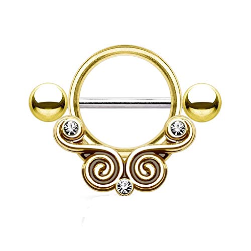 Paula & Fritz® Brustwarzen-Piercing Brustpiercing Frau Maenner Intimpiercing Mann Nippelpiercing Gold Rosé Hämatit Silber Ring Wirbel Zirkonia clear Edelstahl Chirurgenstahl 316L K15777_GDC von Paula & Fritz