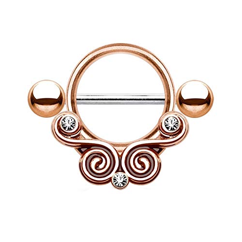 Paula & Fritz® Brustwarzen-Piercing Brustpiercing Frau Maenner Intimpiercing Mann Nippelpiercing Gold Rosé Hämatit Silber Ring Wirbel Zirkonia clear Edelstahl Chirurgenstahl 316L K15777_RDC von Paula & Fritz