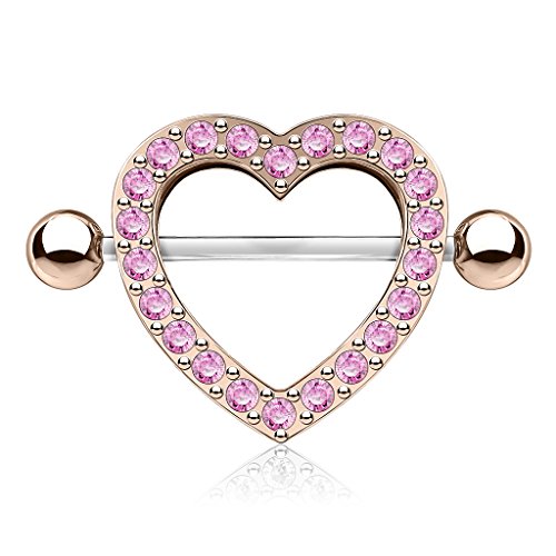 Paula & Fritz® Brustwarzen-Piercing Brustpiercing Frau Maenner Intimpiercing Mann Nippelpiercing Herz Silber Roségold Rand Zirkonia Clear Pink Edelstahl Chirurgenstahl 316L KQ-0011_RDP von Paula & Fritz