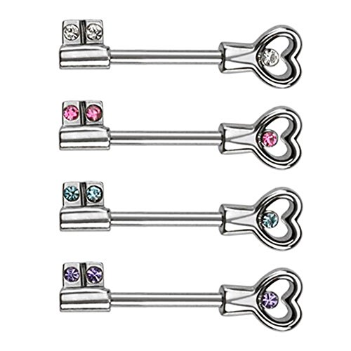 Paula & Fritz® Brustwarzen-Piercing Brustpiercing Frau Maenner Intimpiercing Mann Nippelpiercing Schlüssel Herz Zirkonia Edelstahl Chirurgenstahl 316L KB001_Set von Paula & Fritz