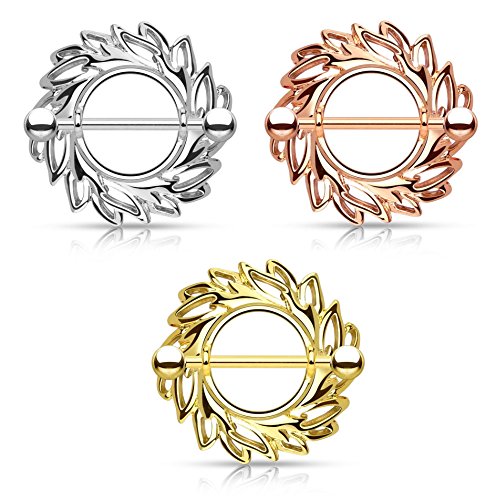 Paula & Fritz® Brustwarzen-Piercing Brustpiercing Frau Maenner Intimpiercing Mann Nippelpiercing Silber Gelbgold Roségold Schild Blätterkranz Edelstahl Chirurgenstahl 316L K17675_Set von Paula & Fritz