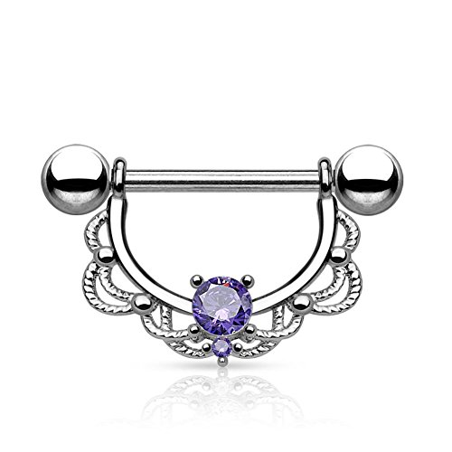 Paula & Fritz® Brustwarzen-Piercing Brustpiercing Frau Maenner Intimpiercing Mann Nippelpiercing Edelstahl Chirurgenstahl 316L Filigraner Bogen 1.6mm Zirkonia Blau-Violett von Paula & Fritz