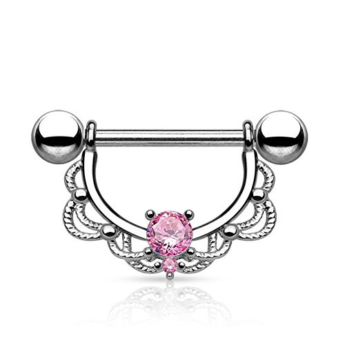 Paula & Fritz® Brustwarzen-Piercing Brustpiercing Frau Maenner Intimpiercing Mann Nippelpiercing Edelstahl Chirurgenstahl 316L Filigraner Bogen 1.6mm Zirkonia Pink von Paula & Fritz