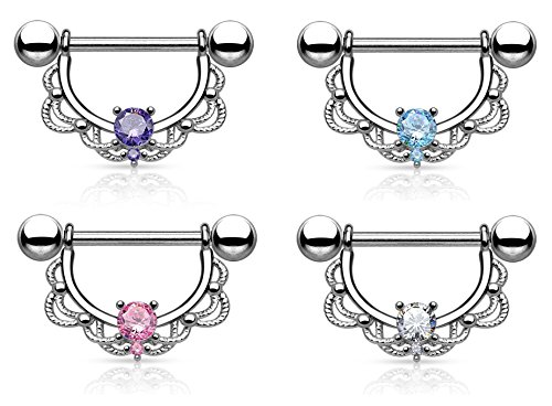 Paula & Fritz® Brustwarzen-Piercing Brustpiercing Frau Maenner Intimpiercing Mann Nippelpiercing Edelstahl Chirurgenstahl 316L Filigraner Bogen 1.6mm Set Zirkonia Farblos Pink Aqua Blau-Violett von Paula & Fritz