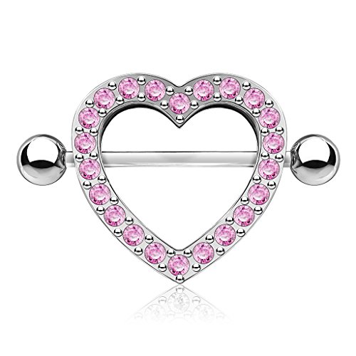 Paula & Fritz® Brustwarzen-Piercing Brustpiercing Frau Maenner Intimpiercing Mann Nippelpiercing Herz Silber Roségold Rand Zirkonia Clear Pink Edelstahl Chirurgenstahl 316L KQ-0011_P von Paula & Fritz