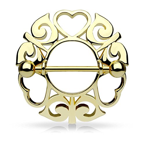Paula & Fritz® Brustwarzen-Piercing Brustpiercing Frau Maenner Intimpiercing Mann Nippelpiercing Silber Gelbgold Roségold Schild Wachsende Herzen Edelstahl Chirurgenstahl 316L K17678_GD von Paula & Fritz