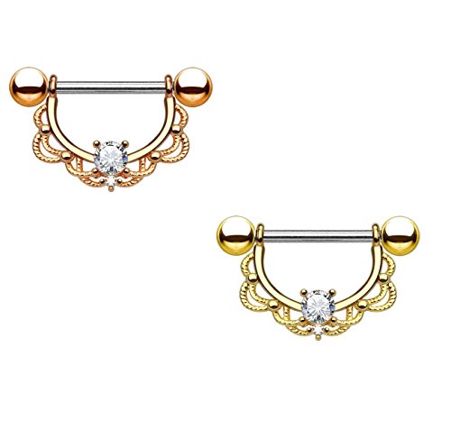 Paula & Fritz Brustwarzen-Piercing Brustpiercing Frau Maenner Intimpiercing Mann Nippelpiercing Edelstahl Chirurgenstahl 316L Filigraner Bogen Gelbgold Roségold K11002-14_Set von Paula & Fritz