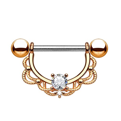 Paula & Fritz Brustwarzen-Piercing Brustpiercing Frau Maenner Intimpiercing Mann Nippelpiercing Edelstahl Chirurgenstahl 316L Filigraner Bogen Gelbgold Roségold K11002-16_RDC von Paula & Fritz