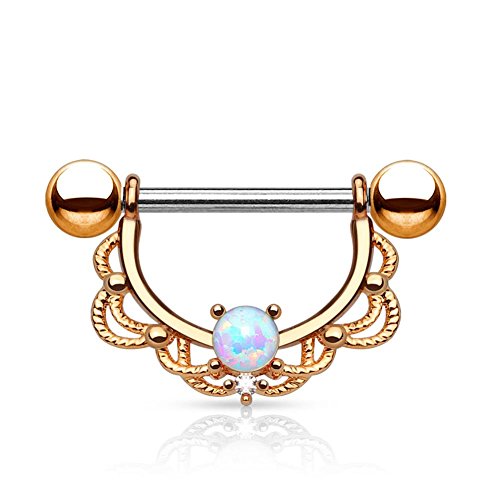 Paula & Fritz® Brustwarzen-Piercing Brustpiercing Frau Maenner Intimpiercing Mann Nippelpiercing Edelstahl Chirurgenstahl 316L Filigraner Bogen Opal Silber, Gelbgold, Roségold K11003-14_RD von Paula & Fritz