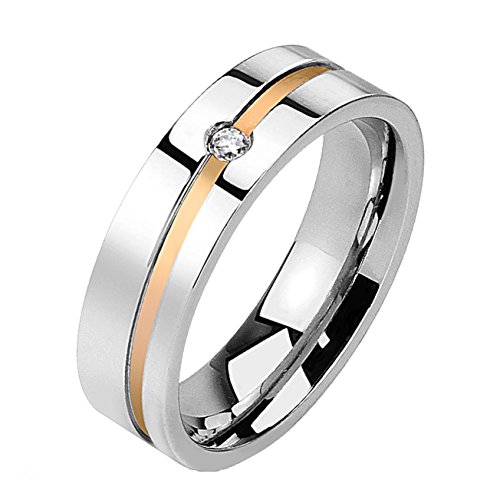 Paula & Fritz® Damen-Ring Verlobungs-Ring Freundschaftsring Herrenring Partnerring Edelstahl Chirurgenstahl 316L Linie roségold einzelner Zirkonia Ringgrößen 47 (15) – 69 (22) R-H1011-12_FBS von Paula & Fritz