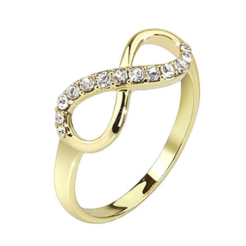 Paula & Fritz® Damenring Herren-Ring Freundschafts-Ring Verlobungs-Ring Partnerring Ewigkeitsschleife Gelbgold Zirkonia Clear Edelstahl Chirurgenstahl 316L R-B002_80_FBS von Paula & Fritz