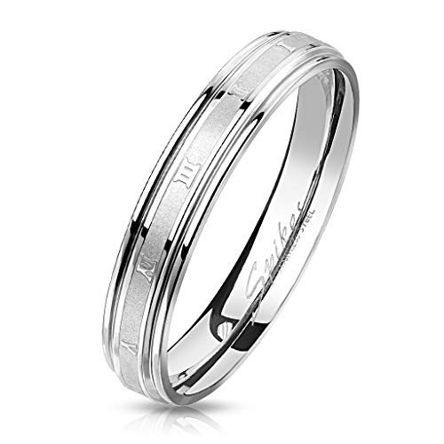 Paula & Fritz® Edel-stahlring Silber 5mm schmal sandgestrahlte Römische Zahlen Damen-Ring Herrenring Verlobungs-Ring Freundschaftsring Partnerring R-M7234S_12 von Paula & Fritz