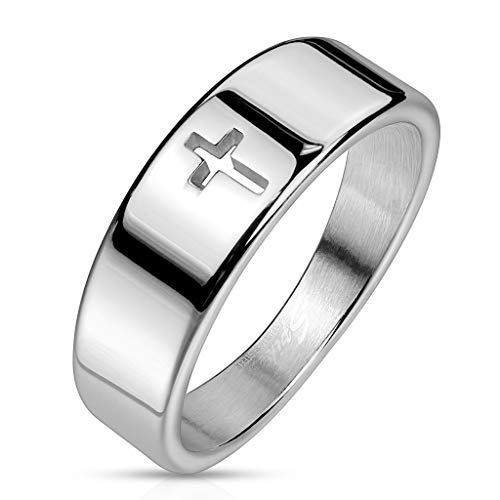 Paula & Fritz® Edel-stahlring Silber 6mm breit Jesus Kreuz Damen-Ring Herrenring Verlobungs-Ring Freundschaftsring Partnerring R-M7244_13 von Paula & Fritz