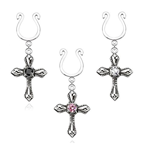 Paula & Fritz® Fake Brustwarzen-Piercing Kreuz Zirkonia Brustpiercing Frau Maenner Intimpiercing Mann Nippelpiercing Clip Clear Pink Schwarz Edelstahl Chirurgenstahl 316L KX010-3er von Paula & Fritz