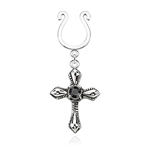 Paula & Fritz® Fake Brustwarzen-Piercing Kreuz Zirkonia Brustpiercing Frau Maenner Intimpiercing Mann Nippelpiercing Clip Clear Pink Schwarz Edelstahl Chirurgenstahl 316L KX010_K von Paula & Fritz