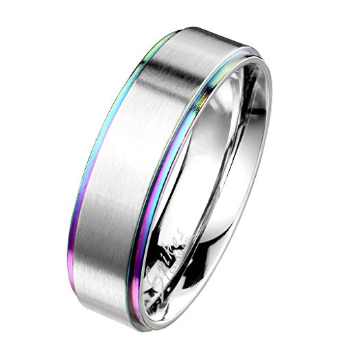 Paula & Fritz® Freundschaftsring abgestuftes Band Regenbogenmuster Herrenring Damen-Ring Verlobungs-Ring Partnerring Edelstahl Chirurgenstahl 316L R-M6739_70 von Paula & Fritz