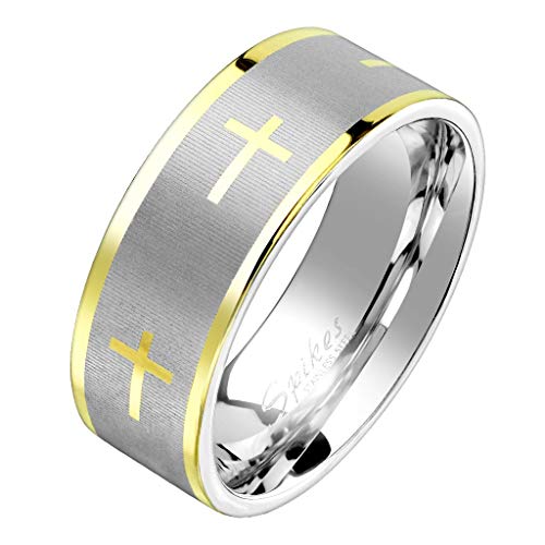 Paula & Fritz® Freundschaftsring matt gebürstetes Band goldenes Kreuz Damen-Ring Verlobungs-Ring Herrenring Partnerring Edelstahl Chirurgenstahl 316L R-M6093G_90 von Paula & Fritz