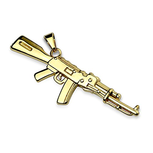 Paula & Fritz® Herren Ketten-Anhänger Gewehr 316L Chirurgenstahl Gold 76 x 21-mm Halsketten-Anhänger Pendant Damen-kettenanhänger Männer M16 AK47 Armee von Paula & Fritz