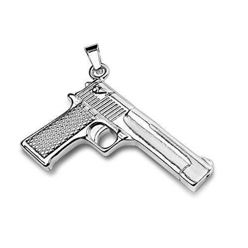 Paula & Fritz® Herren Ketten-Anhänger Pistole 316L Chirurgenstahl Silber 57 x 37-mm Halsketten-Anhänger Pendant Damen-kettenanhänger Männer Hand-Waffe von Paula & Fritz