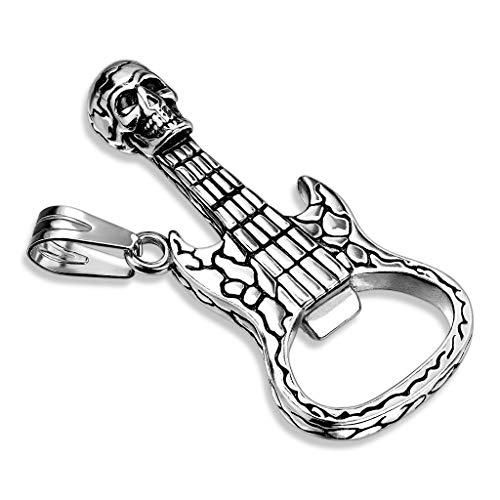 Paula & Fritz® Herren Ketten-Anhänger Totenkopf E-Gitarre Flaschenöffner 316L Chirurgenstahl Silber 52 x 23-mm Halsketten-Anhänger Pendant Musik Frauen von Paula & Fritz