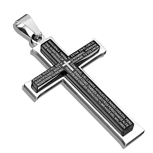 Paula & Fritz® Herren Ketten-Anhänger doppeltes Kreuz Vater Unser 316L Chirurgenstahl Silber-Schwarz 60 x 32-mm Halsketten Pendant Damenkettenanhänger von Paula & Fritz