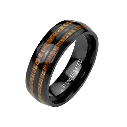 Paula & Fritz® Ring Herren Schwarz Holz-Inlay Zweifarbig 316L Chirurgenstahl Größe 70 (22,3) 7-mm Ring-Breite Damen-Ring Partnerring Motivring Muster von Paula & Fritz