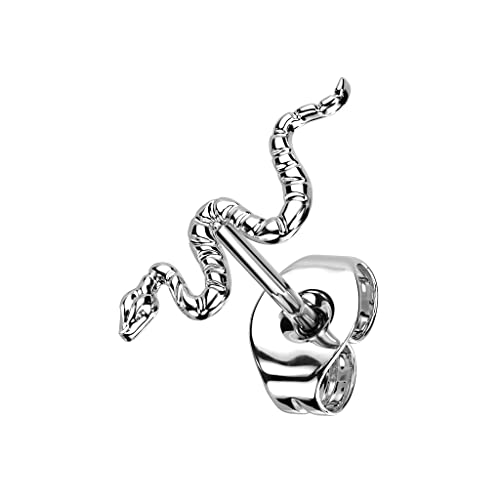 Paula & Fritz® Push-In Ohr-Stecker Schlange Silber Titan-ium Grade 23 12,7-mm Lang Butterfly-Back Ohr-Ring Gewindelos Kombinierbar Threadless Press-Fit von Paula & Fritz