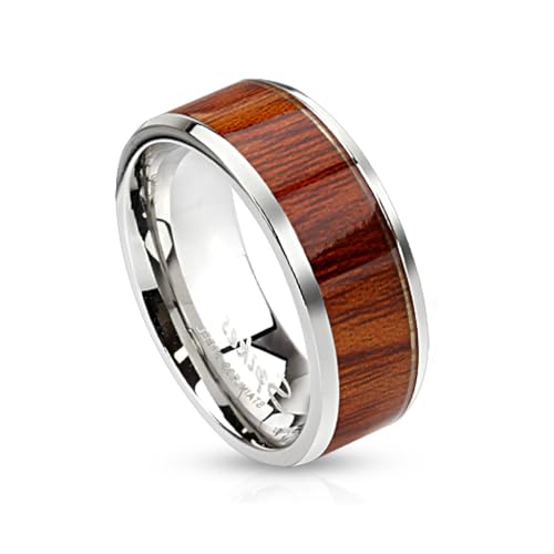 Paula & Fritz® Ring Damen Bandring Silber Holz-Inlay 316L Chirurgenstahl Größe 57 (18,1) 6-mm Ring-breite Herren-Ring Partnerring Ehe-Ring Verlobung von Paula & Fritz