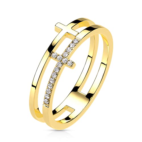 Paula & Fritz® Ring Damen Doppel-Ring Kreuz Gold Zirkonia Klar 316L Chirurgenstahl Größe 49 (15,6) 8-mm Breit Herrenring Partnerring Ehering Religion von Paula & Fritz