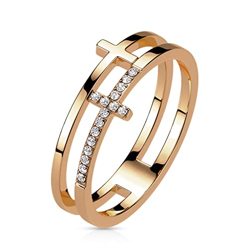 Paula & Fritz® Ring Damen Doppel-Ring Kreuz Rosegold Zirkonia Klar 316L Chirurgenstahl Größe 52 (16,6) 8-mm Breit Herrenring Partnerring Religion von Paula & Fritz