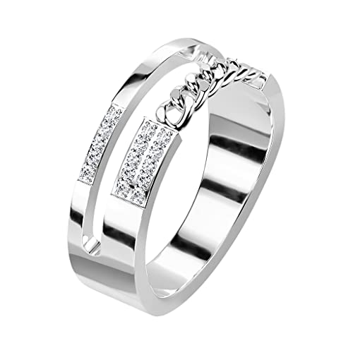 Paula & Fritz® Ring Damen Doppelring 15 klare Zirkonia Kette 316L Chirurgenstahl Größe 54 (17,2) 6-mm Breit Silber Herren-Ring Partnerring Ehering von Paula & Fritz