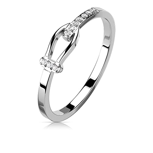 Paula & Fritz® Ring Damen Motivring Schnalle Silber Zirkonia Klar 316L Chirurgenstahl Größe 54 (17,2) 4-mm breit Damen-Ring Herren-Ring Partner-Ring von Paula & Fritz