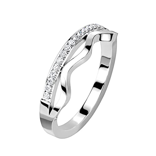 Paula & Fritz® Ring Damen Motivring Silber 16 Zirkonia Welle 316L Chirurgenstahl Größe 59 (18,8) 4-mm Breit Herren-Ring Partnerring Ehering Verlobung von Paula & Fritz