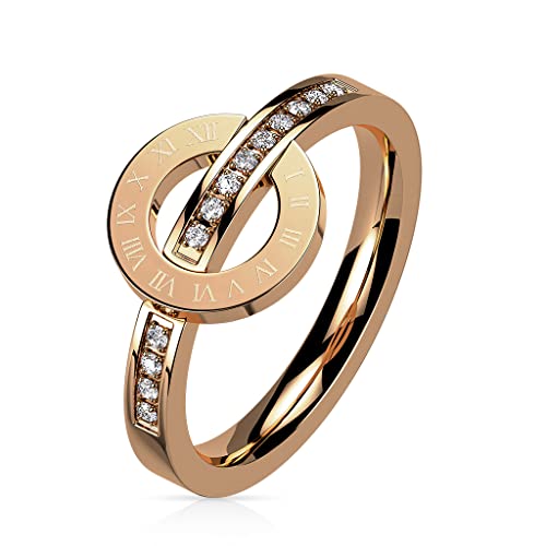 Paula & Fritz® Ring Damen Römische Zahlen Rosegold Zirkonia Klar 316L Chirurgenstahl Größe 49 (15,6) 10-mm breit Damenring Herrenring Motivring von Paula & Fritz