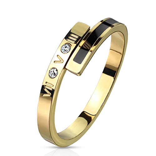 Paula & Fritz® Ring Damen Römische Ziffern Zirkonien 316L Chirurgenstahl Größe 57 (18,1) Gold-Schwarz Herren-Ring Partnerring Ehering von Paula & Fritz