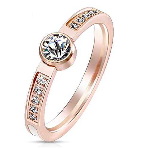 Paula & Fritz® Ring Damen Rose-Gold klare Zirkonia Perlmutt-Inlay 316L Chirurgenstahl Größe 59 (18,8) Damenring Herrenring Partnerring Ehering Bandring von Paula & Fritz