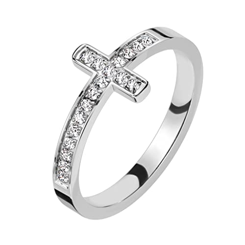 Paula & Fritz® Ring Damen Silber Kreuz Zirkonia Klar 316L Chirurgenstahl Größe 57 (18,1) 9,1-mm breit Damenring Herrenring Partnerring Religion Glaube von Paula & Fritz