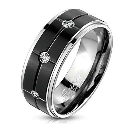 Paula & Fritz® Ring Damen Tiefe Rillen Zirkonia Klar Titan-IUM Größe 70 (22,3) Silber-schwarz 8-mm breit Partnerring Verlobungsring Herrenring Frauen von Paula & Fritz