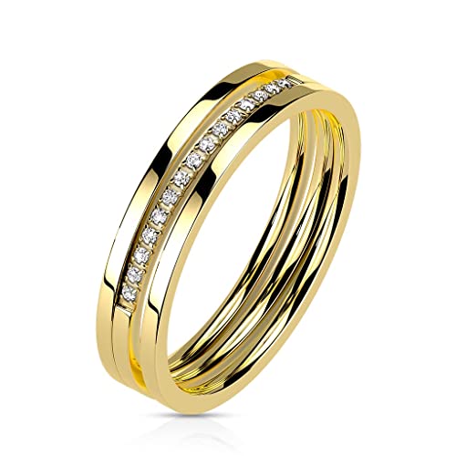 Paula & Fritz® Ring Damen Triple-Ring Gold Zirkonia klar 316L Chirurgenstahl Größe 49 (15,6) 4,5-mm Breit Herren-Ring Partner-Ring Ehe-Ring Dreifach von Paula & Fritz