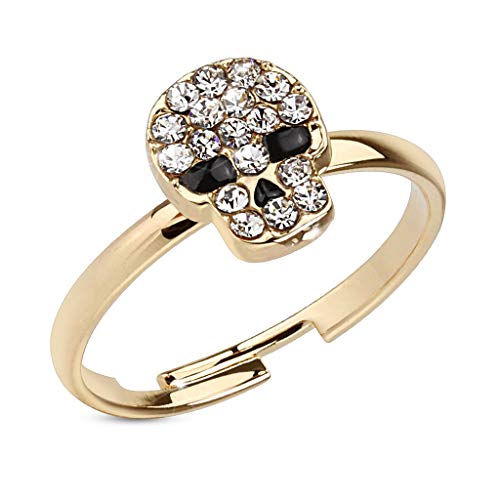 Paula & Fritz® Ring Damen Verstellbar Totenkopf Zirkonia Klar-Schwarz Gold 316L Chirurgenstahl Zehenring Mittelring Partnerring Offen Einstellbarer-Ring von Paula & Fritz