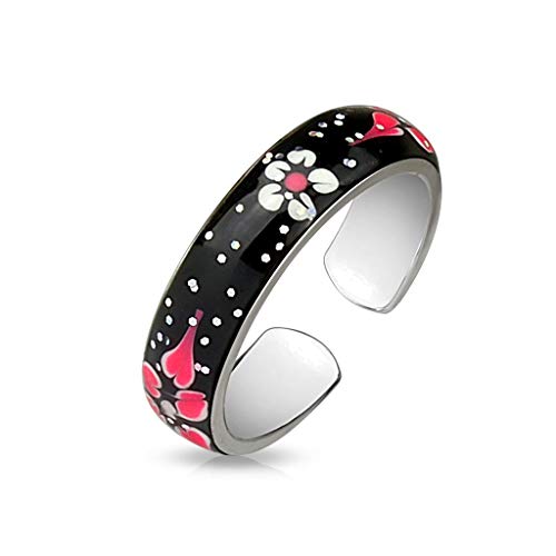 Paula & Fritz® Ring Damen Verstellbar gemalte Blumen Pink Silber-Schwarz 316L Chirurgenstahl Zehenring Mittelring Freundschaftsring Einstellbarer-Ring von Paula & Fritz