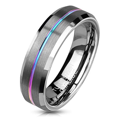 Paula & Fritz® Ring Damen Wolframcarbid Gebürstet Gr. 49 (15,6) Silber-Regenbogen 6-mm Breit Herren-Ring Partnerring Damenring Verlobungsring Ehering von Paula & Fritz