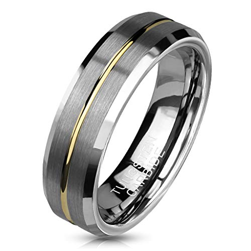 Paula & Fritz® Ring Damen Wolframcarbid Gebürstet Gr. 57 (18,1) Silber-Gold 6-mm Breit Herren-Ring Partner-Ring Damenring Verlobungs-Ring Ehering von Paula & Fritz