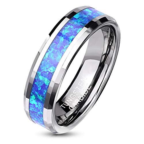 Paula & Fritz® Ring Damen Wolframcarbid Opal - Inlay Gr. 54 (17,2) Silber-Blau 6-mm Breit Herren-Ring Damenring Partnerring Bandring Verlobungsring von Paula & Fritz