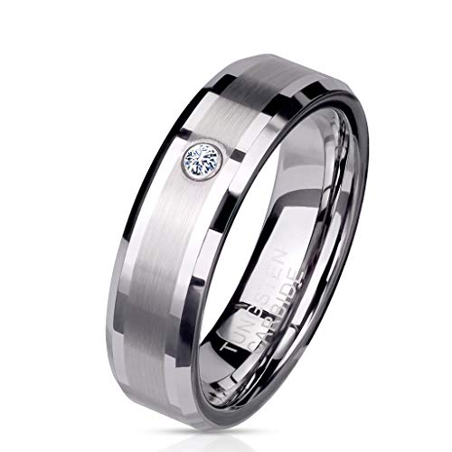 Paula & Fritz® Ring Damen Wolframcarbid gebürstete Mitte Zirkonia Klar Gr. 49 (15,6) Silber 6-mm Breit Herren-Ring Partner-Ring Damen-Ring Tungsten von Paula & Fritz