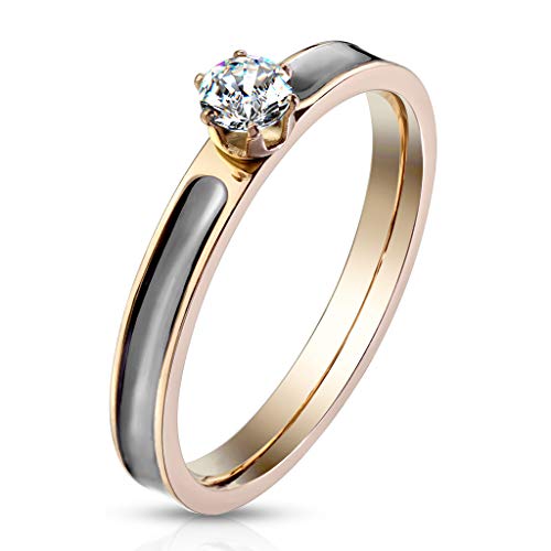 Paula & Fritz® Ring Damen Zirkonia klar 316L Chirurgenstahl Größe 54 (17,2) Rosegold-schwarz Verlobungsring Partnerring Ehering Damenring Solitärring von Paula & Fritz