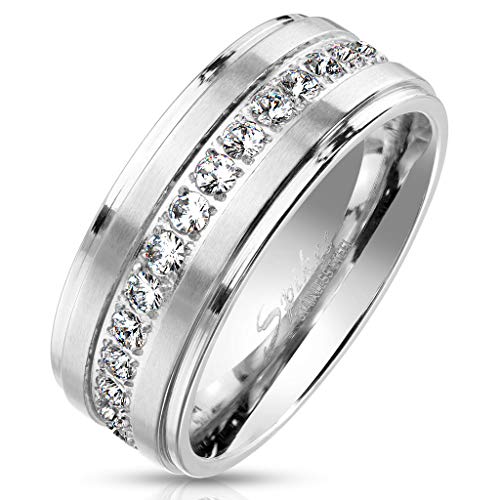 Paula & Fritz® Ring Damen gebürstete Streifen klare Zirkonien 316L Chirurgenstahl Größe 62 (19,7) Silber Verlobungsring Bandring Partnerring Ehering von Paula & Fritz